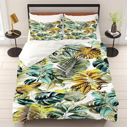 WEQEER Palmblatt Bettwäsche Set 3D Tropen Pflanzen Bettwäsche 135x200cm Dschungel Botanisches Blatt Natur Thema Bettbezug für Kinder Erwachsene (3,Single 135x200CM)