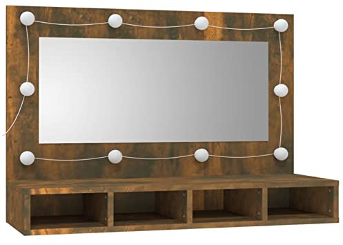 Homgoday Schminktisch, Schminktisch mit Spiegel und LED-Lichtern mit einstellbarer Helligkeit, Schminktisch für Mädchen, mit 4 offenen Fächern, moderner kleiner Schminktisch, rauchige Eiche