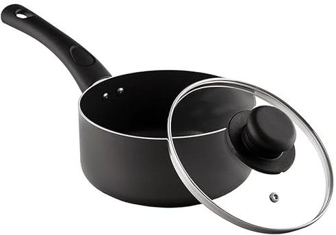 Trendsetters Non-Stick Saucepan - Multipurpose Aluminium Saucepan with Glass Lid - High Performance, Steam Vent, Soft Grip Handle and Knob (Black Saucepan, 20 cm)
