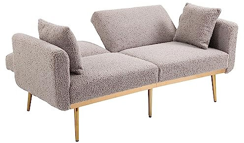 2 Sitzer Sofa mit schlaffunktion und Armlehne, Schlafsofa, Schlafcouch, Loveseat Sofa, 162 cm Länge, mit Golden Metallbein, Bezug aus Teddystoff (Grau Teddystoff)