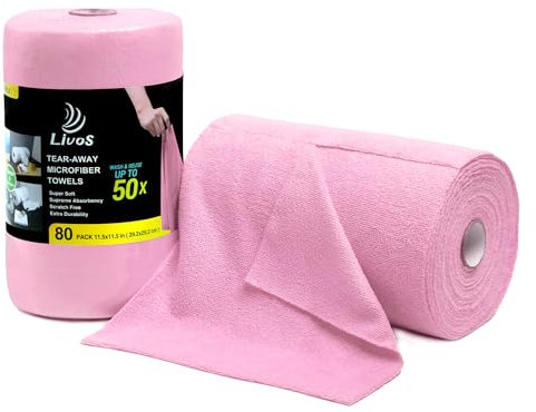 LIVOS Rollo de paño de limpieza de microfibra, paquete de 80 toallas de papel reutilizables, color rosa, toallas de microfibra para automóviles, trapos de limpieza súper absorbentes sin pelusa para