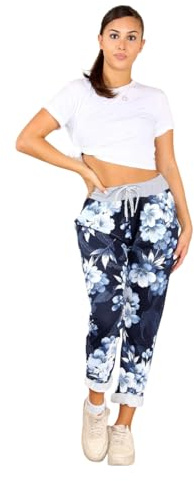 Candid Styles Womens Italian Denim Joggers Sweatpants Plain Floral Star Elasticated Waist Gym Running Yoga Pants Jogging Turn Up Trousers (Lily Navy, 16-18)