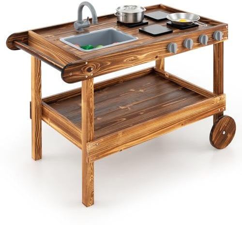 GYMAX Kids Mud Kitchen, Wooden Toy Kitchen with Rolling Wheels, Push Handle, Stoves, Rotatable Faucet & Removable Sink, Outdoor Children Play Kitchen for 3-7 Years Old