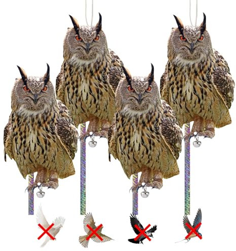 Taubenabwehr Vogelschreck Vogelabwehr für Balkon: Vogelscheuche Taubenschreck Pappe, Vogel Abschreckung mit Abwehrband, 4 Stück Uhu Attrappe Spatzenabwehr Tauben Vertreiben Garten Fenster