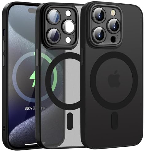 KPPIT für iPhone 15 Pro Max Hülle für MagSafe mit Kameraschutz,Stoßfeste Kratzfeste Handyhülle [Militärnorm Sturzschutz] Matt Transluzente Schutzhülle iPhone 15 Pro Max case,Schwarz