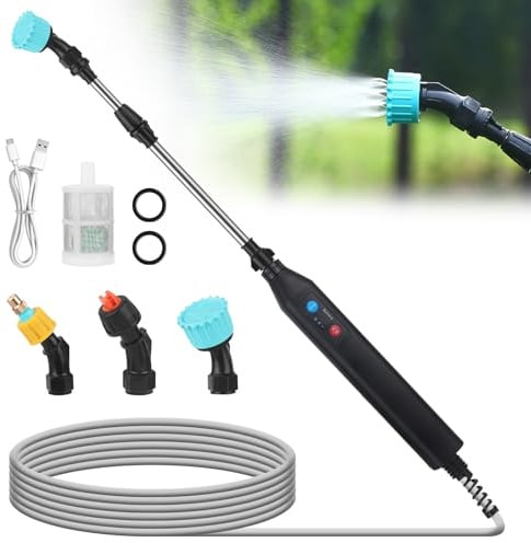 Mineup Pulvérisateur électrique, 3.7V USB Rechargeable Pulvérisateur Jardin avec 3 Buses et 5M de Tuyau, Pulvérisateur pour Plantes de Jardin, Pulverisateur Lance Telescopique pour Arrosage