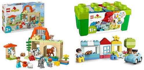 LEGO DUPLO Town Caring for Animals at the Farm Toys for Toddlers, Farmhouse & 10913 DUPLO Classic Brick Box Building Set with Storage, Toy Car, Number Bricks and More, Learning Toys
