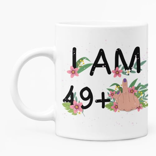 McMug - I am 49 + 1 (Middle Finger) 50th Birthday Floral Design - Turning Fifty Mug, Ceramic, 11fl.oz.
