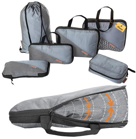 Organizador Maleta - Bolsas Compresión Viaje incluye Bolsa Ropa Sucia Impermeable - Bolsas Organizadoras Maleta - Packing Cubes Travel Essentials - Accesorios viaje Regalo Para Viajeros (Gris)