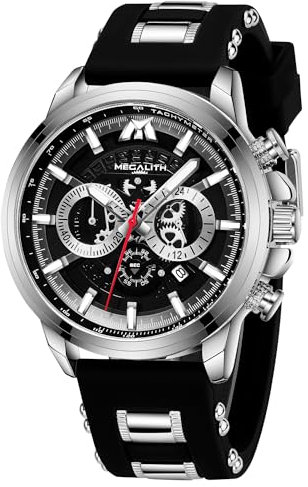 MEGALITH Reloj de Pulsera Grande Hombre: Cronógrafo Impermeable Elegante - Analogico Caucho Negro Relojes