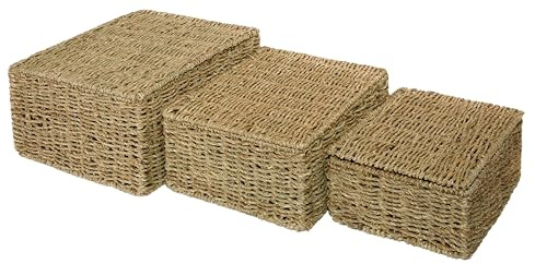 Seagrass Woven Storage Basket With Lid Gift Hamper Gift Box Bathroom Storage (Set (S+M+L))