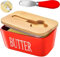Ceramic Butter Dish with Wooden Lid, Airtight Butter Keeper for Counter or Fridge with Stainless Steel Multipurpose Butter Knife, Butter Container with Double High-Quality Silicone(Red)