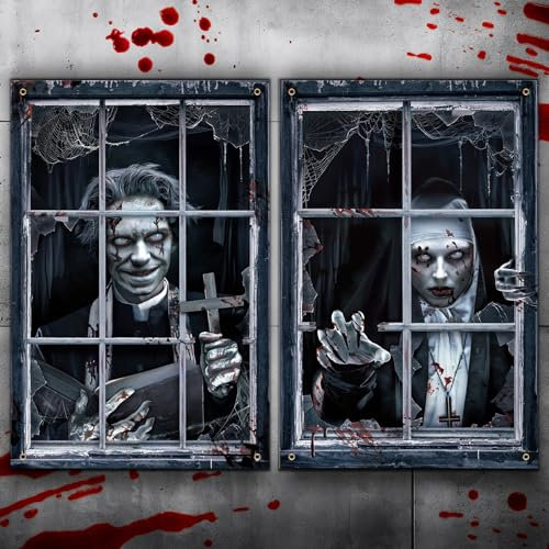 Windkream Halloween-Gruselvorhang, Halloween-Fenster-Silhouette, Dekoration, Blutgeist, Fensterabdeckung, Horror-Themen-Poster für drinnen und draußen, Party, Wand, Garagentor, Dekoration (Zombies und