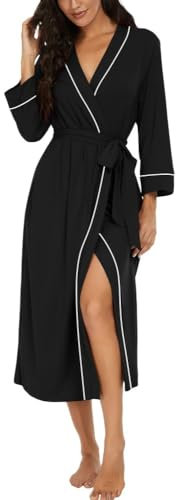 PrinStory Women Dressing Gowns Causal Kimono Robes Long Bathrobe Soft Womens 3/4 Sleeve Ladies Loungewear (Black, XXL)