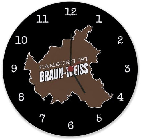 St. Pauli Wanduhr aus Glas mit Spruch Hamburg ist braun-Weiss Perfekte braun-Weiss Deko für jeden Fußball-Fan Kiez-Feeling direkt von der Reeperbahn ideal für Fussballfans