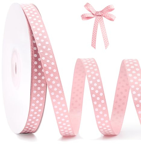 FAKILO Punktband 10mm x 22m Punkt Schleifenband Rosa-Weiß Punkte Band Geschenkband Dekoband Grosgrainband Polka Dot Band für Weihnachten Hochzeit Taufe Ostern Halloween