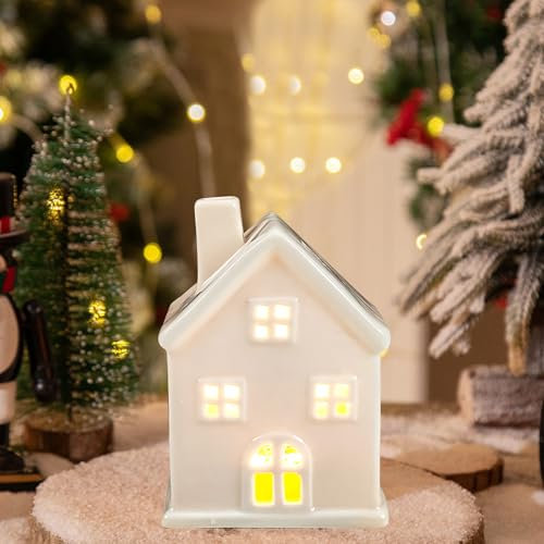 Nexoria Weihnachtsdeko Keramik Lichthäuser, Weihnachtsdorf mit Beleuchtet LED Lichthaus Weisse Porzellan Lichterhaus Weiß Weihnachten Deko Windlicht Haus Weihnachtshäuser für Weihnachtsdeko Innen (D)