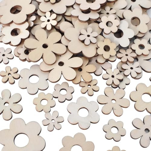 KYSUN 100 Stück Holz Blumen Scheiben, Holzblumen Scheiben, Holz Streuteile, Holzdeko zum Basteln, Holzblumen zum Bemalen, Deko Blumen aus Holz, Holzblumen Deko für DIY Handwerk Scrapbooking