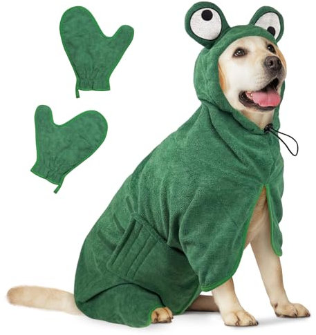 Bibykivn Bademantel für Hunde, Hundebademantel Aus Mikrofaser, Verstellbares Halsband Mit Klettverschluss Schnell Trocknend Badetuch für Große Mittelgroße Kleine Hunde/Katze (Grüner Frosch, L)