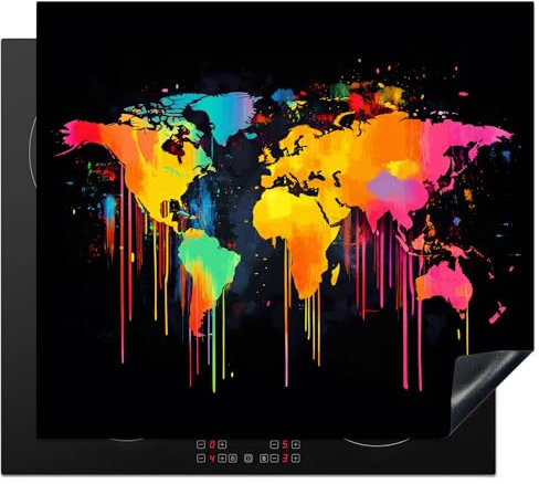 KitchenYeah© Herdabdeckplatte 59x51 cm Einteilig Induktionsmatte Küche Abdeckung Ceranfeld Herd Abdeckplatte Deko Vinyl Matte Aufrollbar Weltkarte - Farbe - Bunt - Graffiti - Welt
