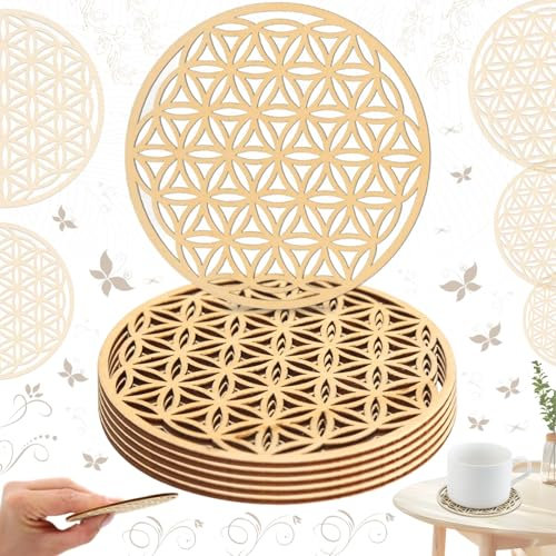 Liekadijiae 10 Pièces Fleur de Vie en Bois, Dessous de Verre Fleur de Vie en Bois, pour Recharger Les Pierres pour Décoration Murale, Purification, Méditation