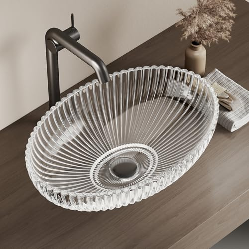 EMKE Lavabo Sobre Encimera de Cristal Ovalado 51 x 35 cm,Transparente | Lavabo Sobreponer para Baño Principal y Aseo, Pila de Lavamanos de Vidrio Moderno (Sin Grifo ni Desagüe)