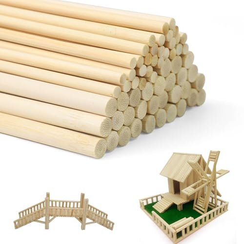 60pcs Round Natural Dowel Rods, 2 Sizes 6mm/10mm X 30cm Hardwood Sticks | Unfinished Birch Surface Can Be Painted, Stained or Cut for Model Making, Decor Projects, Classroom Use and Diy Craft Work