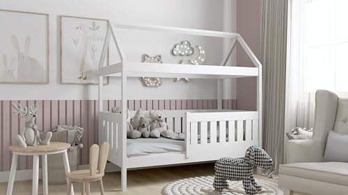 BDW Kinderbett Hausbett 80 x 160 cm oder 80 x 180 cm, Rausfallschutz, Lattenrost - Massivholz Hausbett für Kinder - Bett in Weiß (180x80 mit Schublade)