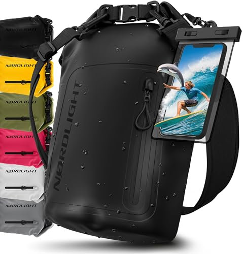 Nordlight Dry Bag Sacca Impermeabile + Custodia per Cellulare + Chiusura Arrotolabile, Tracolla | Zaino Impermeabile Sacca Stagna Borsa | Spiaggia, Canoa, SUP, Immersioni - Nero, 20 Litri