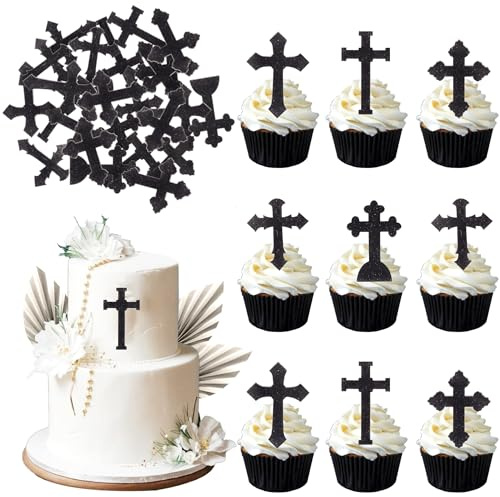 Rsstarxi 60 Pack Black Cross Edible Cupcake Toppers Rice Paper Christian Baptism God Bless Theme Cupcake Picks Decoration for Religious Theme Baby Shower Birthday Party Cake Decorations