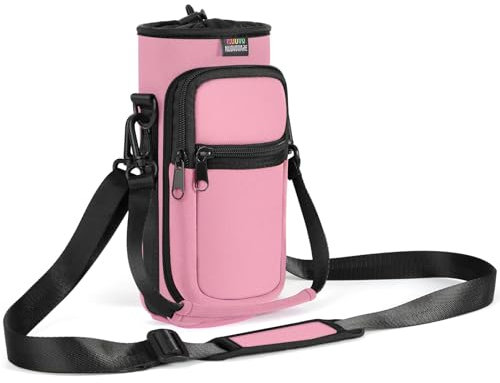 Nuovoware Sac à Bouteille en Néoprène, 750ml Porte-Bouteille avec Bandoulière&Dragonne Ajustable, Sac Fourre-Tout avec Poche, Accessoire Parfait pour Voyage Randonnée Camping, Rose