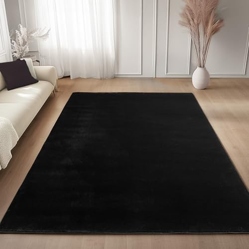 Carpettex Teppich Schwarz 160x220 cm- Kurzflor Teppich Waschbar, weich & rutschfest, modern einfarbiges Design für Wohnzimmer, Küche Schlafzimmer, & Kinderzimmer