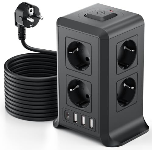 Torre Regletas Enchufes, Regleta USB 8 Tomas de AC y 4 USB Enchufe Multiple,Regleta Enchufes Proteccion Sobretension, 5 M Regreltas Vertical con Interruptor para Mesa, Oficia, Casa, Negro