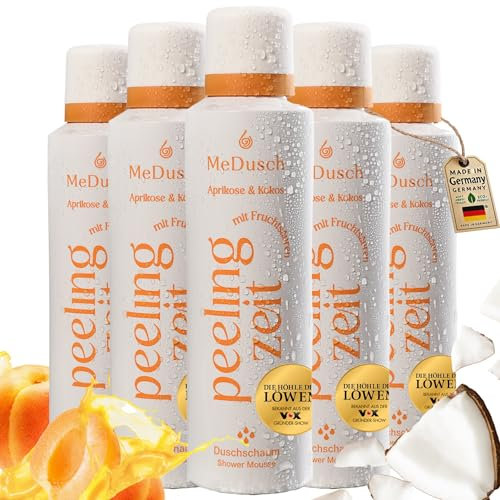 MeDusch Duschpeeling Duschschaum Peelingzeit (200ml) Aprikose und Kokos mit milder Frucht- und Milchsäure (AHA, BHA) im praktischen 5er-Set (unisex)- Körperpeeling, AHA BHA Peeling