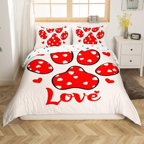Homemissing Paw Print Bettwäsche Set 135x200cm Kinder Hund Tiere Fuß Muster Bettbezug für Jungen Kinder Mädchen Liebe Herz Betten Zimmer Dekor