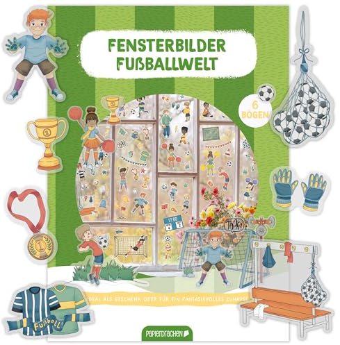 Papierdrachen Fensterbilder Fußball - 6 Bögen Sticker & Aufkleber - Statisch haftend & wiederverwendbar - Deko Kinderzimmer für Jungen & Mädchen