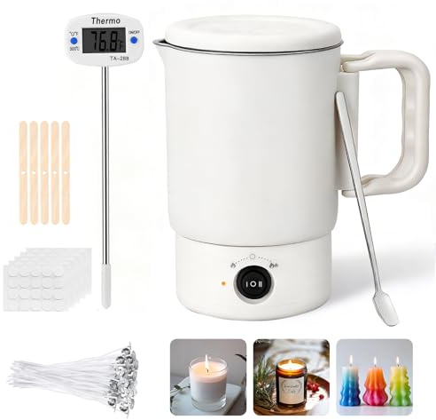 Hoyiyobi Elektrischer Wachsschmelzer für Kerzenherstellung mit Ausguss, 800ML Wachsschmelztopf mit Dochte, Dochtaufkleber, Zentriervorrichtung, Rührlöffel inklusive, Therometer, DIY Kerzen Kit