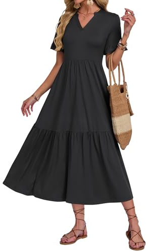 AUSELILY Summer Dresses for Women UK V Neck Maxi Dresses Ladies Ruffle Short Sleeve Swing Casual Long Beach Dress with Pockets