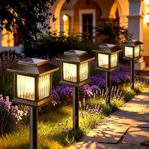 Morotty Lot de 6 Lampes Solaire Exterieur Jardin, IP65 Etanchéité LED Éclairage pour chemins 2800K Blanc Chaud, Lumiere Solaire Exterieur Décorative pour Cour, Balcon, Terrasse, Driveway, Pelouse