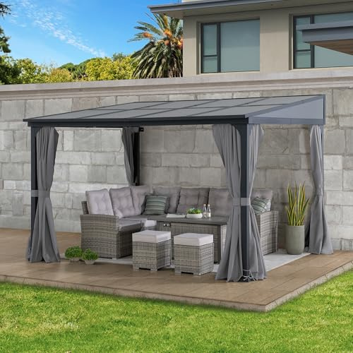 SUNJOY 3x3.6m Wall Mounted Gazebo, Thicker 8cm Posts, Aluminum Frame, Polycarbonate Roof, Garden Lean to Shelter, with Privacy Curtains & Netting, Outdoor Waterproof for Patio Porch