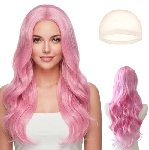 HTTDSLF Lungo Ondulato Parrucca Rosa per Donne, 65cm Parrucca Rosa Lunga Ondulé, Parrucche a Onde Lungo, Cosplay Lunga Capelli Della Signora Di Modo Festa