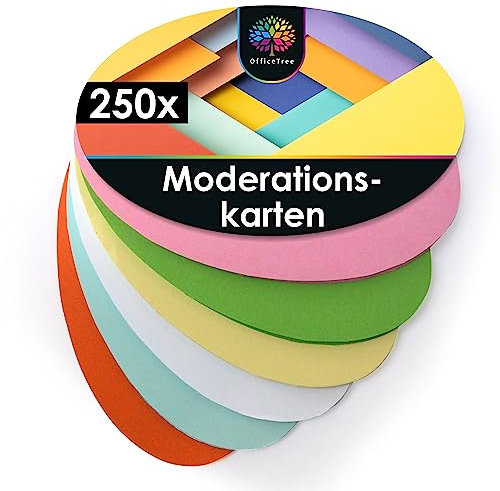 OfficeTree 250x Moderationskarten Oval 19 x 11 cm - Metaplankarten Oval 6 Farben - Moderationskarten Set Bunt - Lehrerbedarf für Präsentation und Vortrag