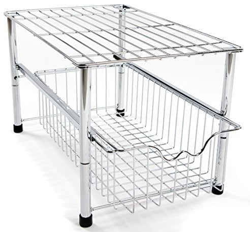 Amtido Under Sink Storage Kitchen Cupboard Organiser with Sliding Basket Drawer for Pantry, Washroom, Bathroom Cabinets - Stackable - Chrome