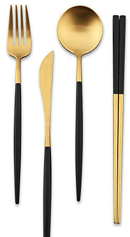 Islandoffer Ensemble de couverts de table en acier inoxydable 304 de qualité supérieure avec couteau, fourchette, cuillère et baguettes - Avec boîte cadeau noire (noir/doré)