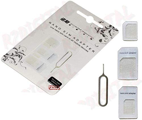 r2digital® KIT ADATTATORI SIM CARD 4 in 1 da STANDARD a NANO MICRO SIM MULTI ADAPTER con SPILLO ESTRATTORE NANOSIM MICROSIM