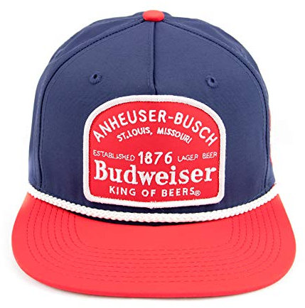 Chapeau Budweiser bleu marine et rouge avec écusson