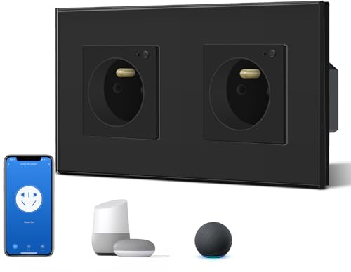 BSEED Prise Murale Connectée, Prise Electrique Intelligente Compatible avec Alexa/Google Home/Tuya APP, Contrôle Vocal, Prises de courant Wifi 16 Amp 240V 86 * 157mm Noir (Ligne Neutre Requise)
