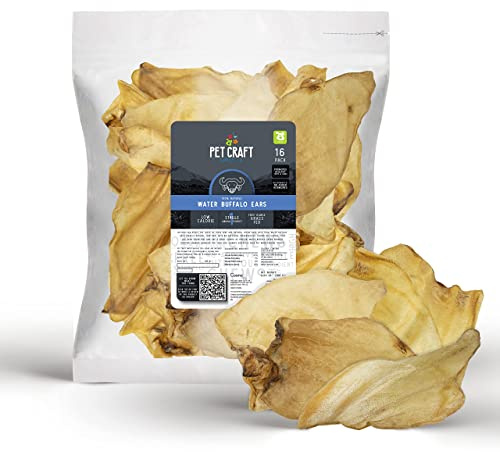 Pet Craft Supply 16 Pack Grass Fed Water Buffalo Ear, All Natural, Single Ingredient, Pig Ears for Dogs Alternative Long Lasting Dog Chew Treat for Aggressive Chewers, Small to Large Dogs
