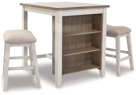 Signature Design by Ashley Skempton 3 Piece Counter Height Dining Set, Includes Table and 2 Barstools, Cushioned Seats, Wood, Whitewash