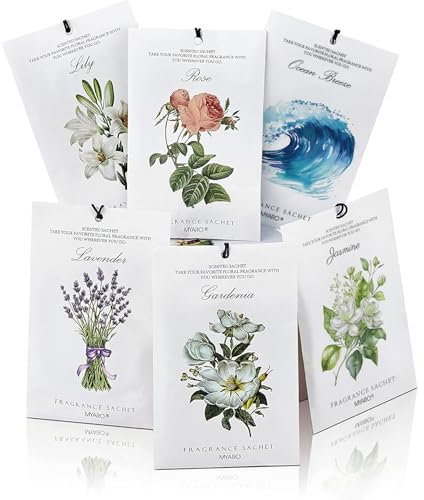 MYARO 12 Packungen Duftsäckchen für Schublade und Schrank, langlebige Beutel, Raumduftbeutel, 6 Düfte zur Auswahl: Lavendel, Rose, Jasmin, Ozean, Gardenie, Lilie